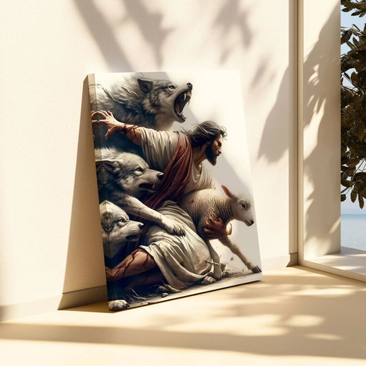 Jesus protegiendo a oveja de lobos - Cuadros