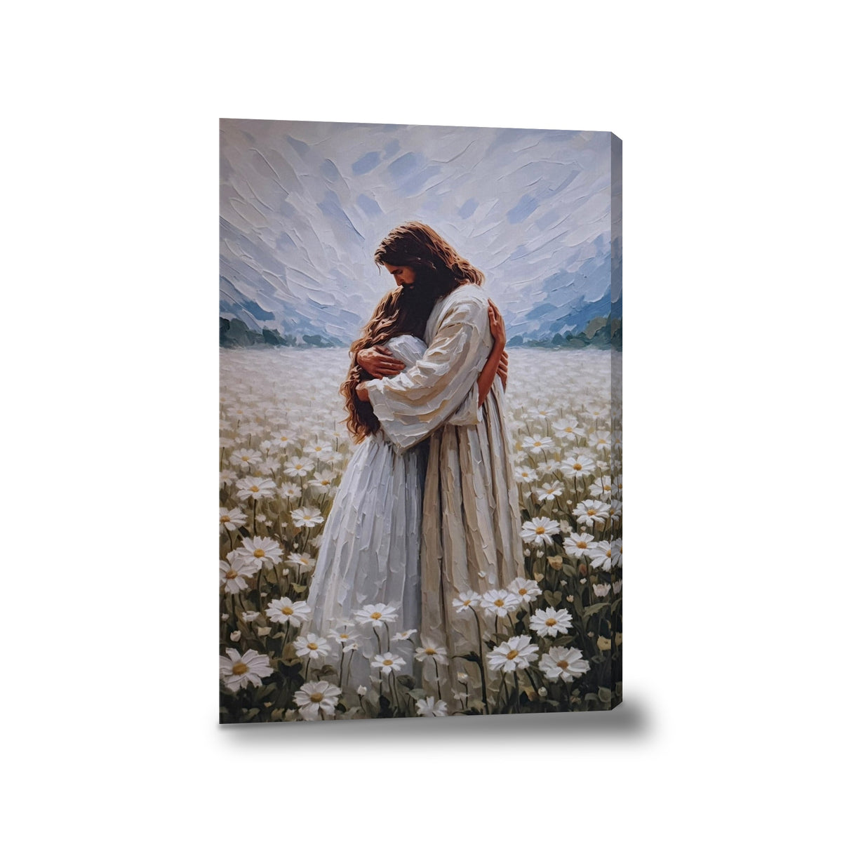 Jesús abrazando a mujer - lienzo con bastidor, sin marco, fondo blanco