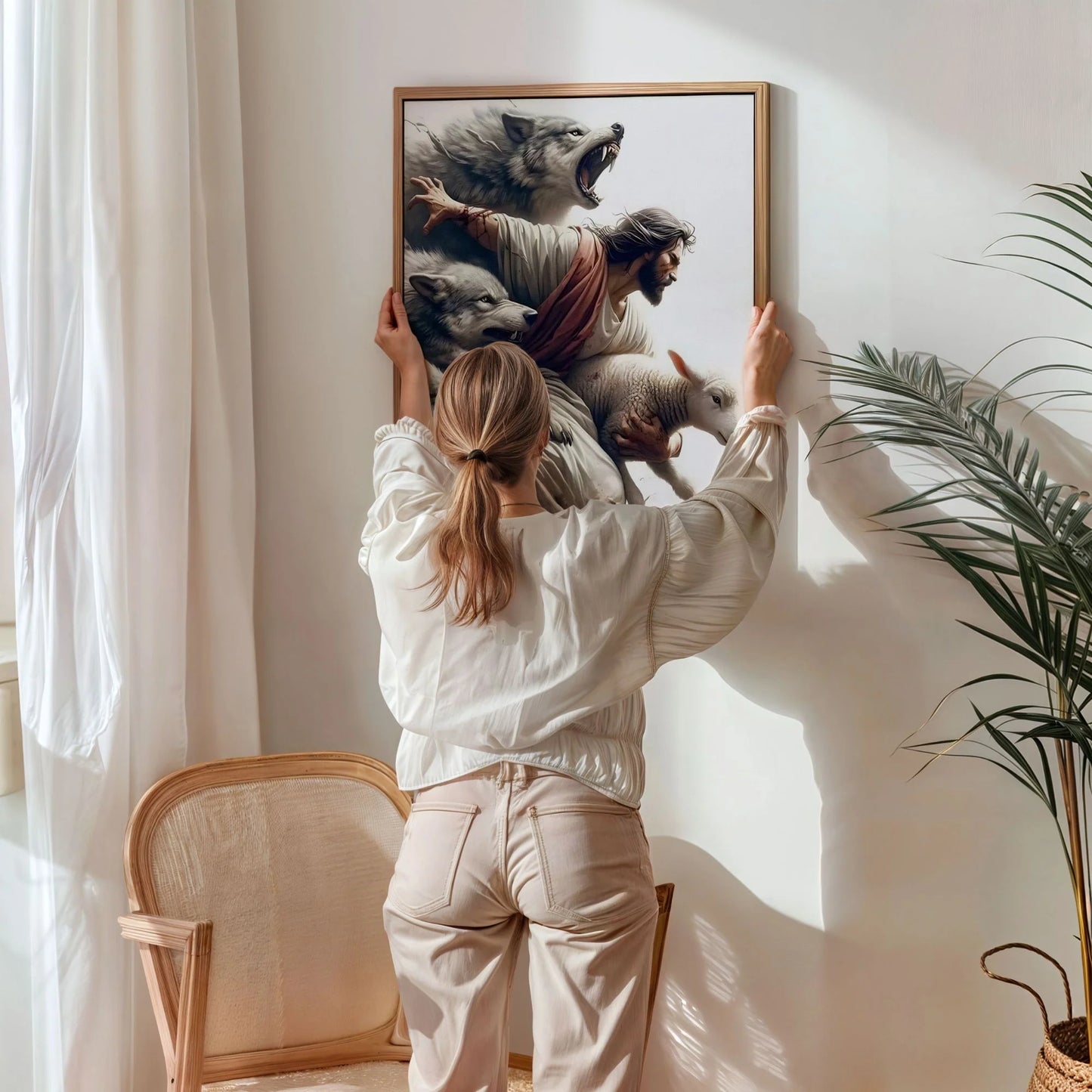 Jesus protegiendo a una oveja de lobos - Cuadros