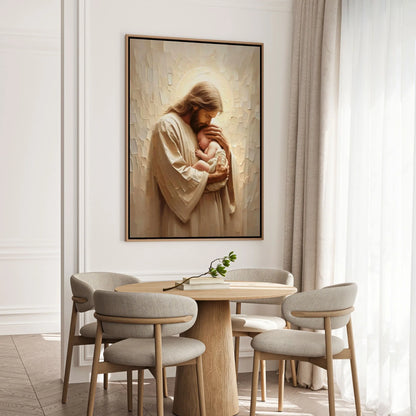 Jesús sostiene a bebé