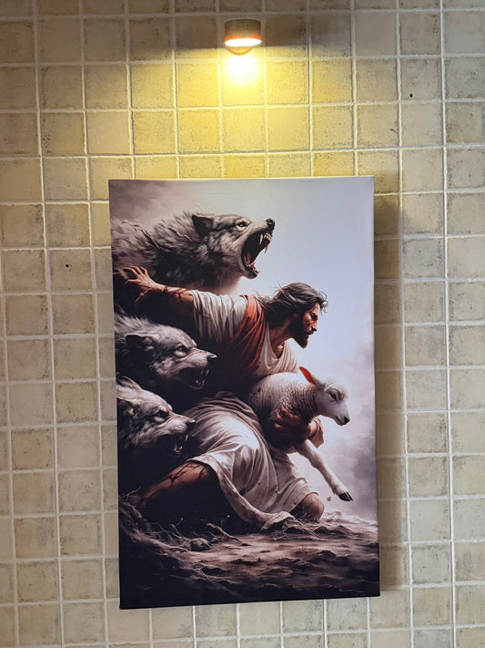 Jesus protegiendo a una oveja de lobos - Cuadros