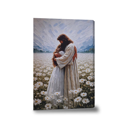 Jesús abrazando a mujer - lienzo con bastidor, sin marco, fondo blanco