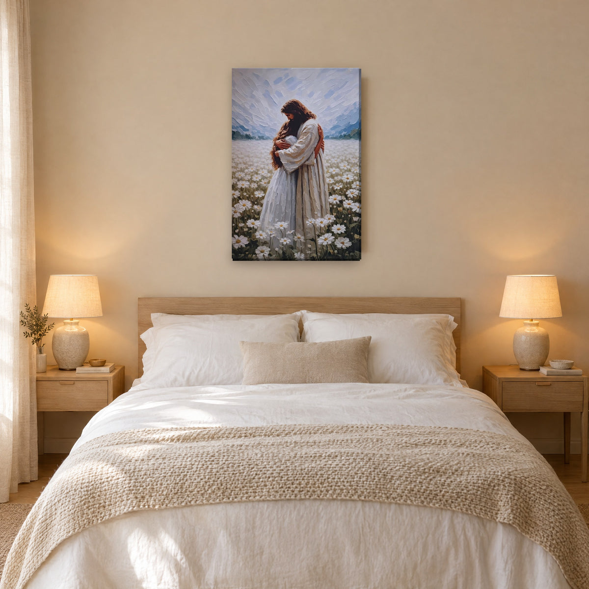 Jesús abrazando a mujer - cuadro en dormitorio