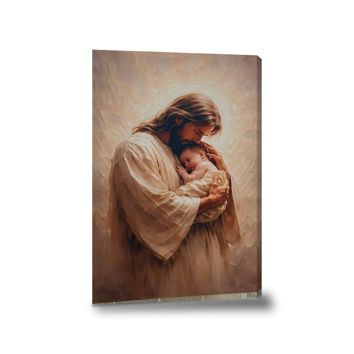 Jesús sosteniendo a bebé - lienzo con bastidor, sin marco, fondo blanco