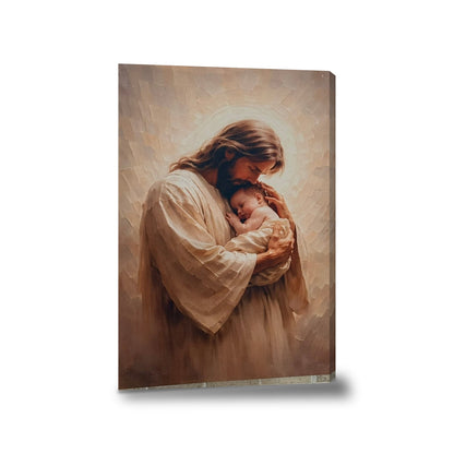 Jesús sosteniendo a bebé - lienzo con bastidor, sin marco, fondo blanco