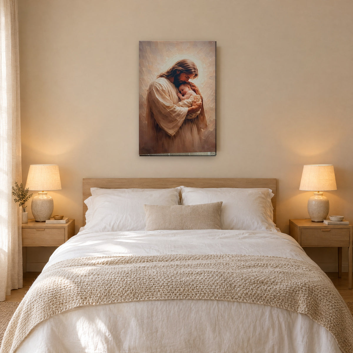 Jesús sosteniendo a bebé - cuadro en dormitorio