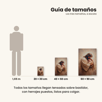 Jesús sosteniendo a bebé - guía de tamaños 20x30, 40x60 y 60x90 cm