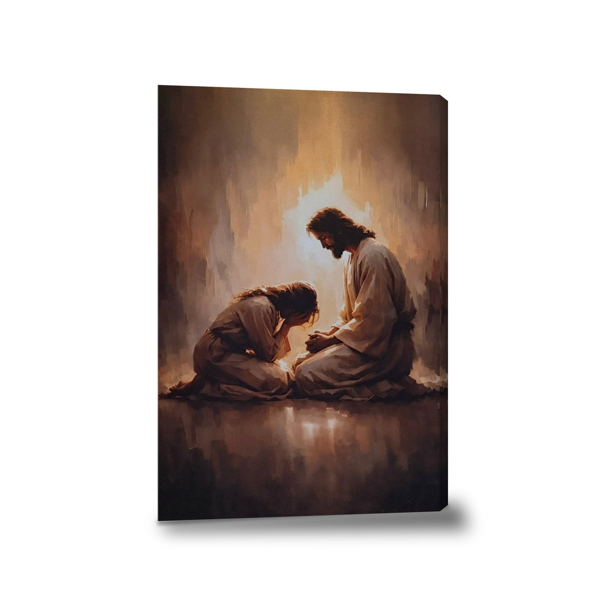 Chica llorando con Jesús - lienzo con bastidor, sin marco, fondo blanco