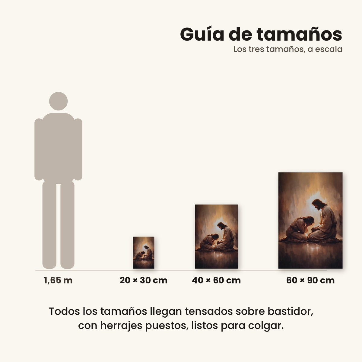 Chica llorando con Jesús - guía de tamaños 20x30, 40x60 y 60x90 cm