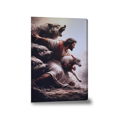 Jesús protegiendo a oveja de lobos - lienzo con bastidor, sin marco, fondo blanco
