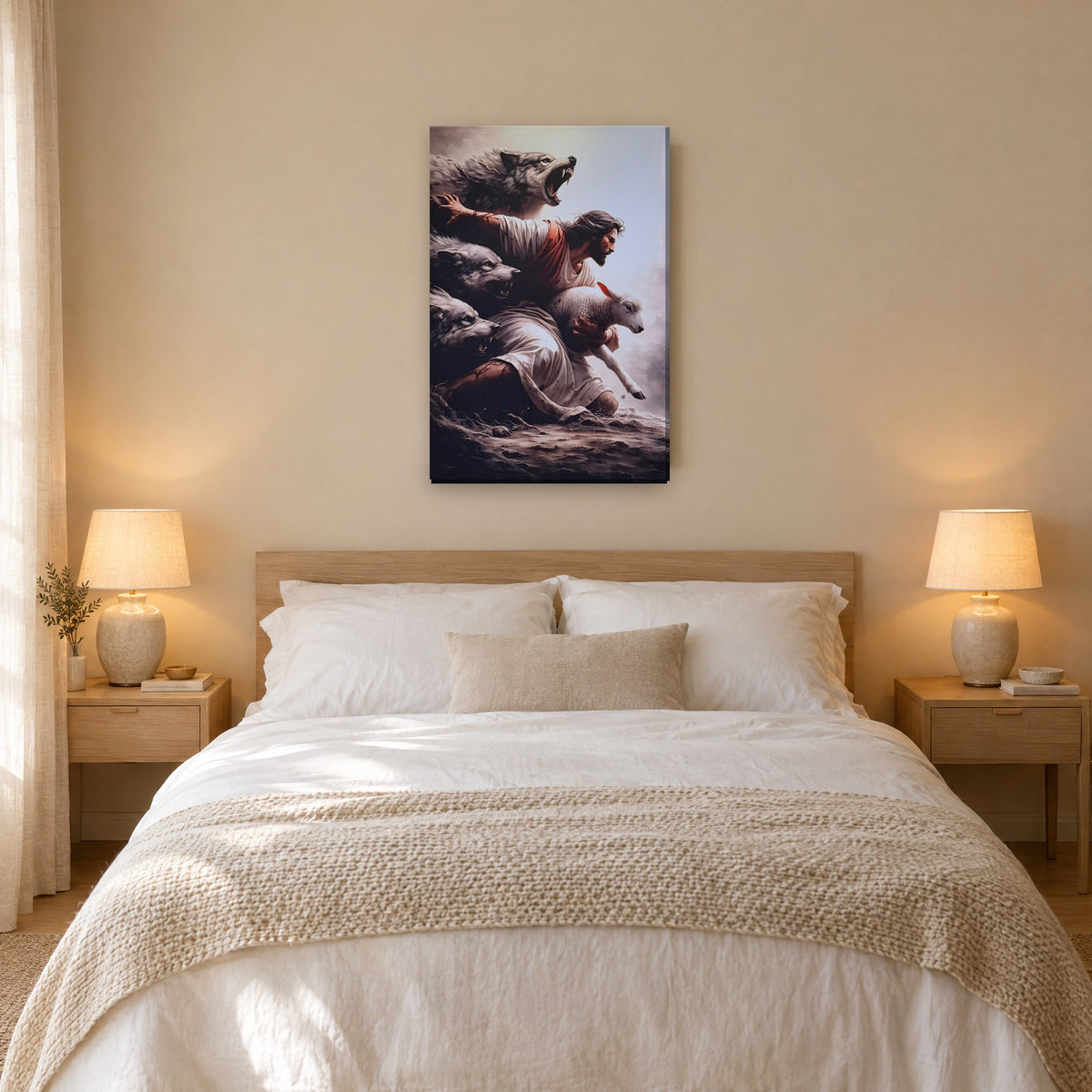 Jesús protegiendo a oveja de lobos - cuadro en dormitorio