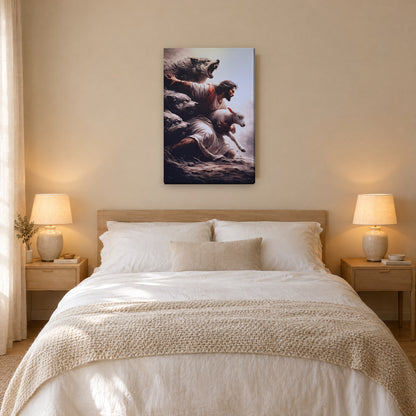 Jesús protegiendo a oveja de lobos - cuadro en dormitorio