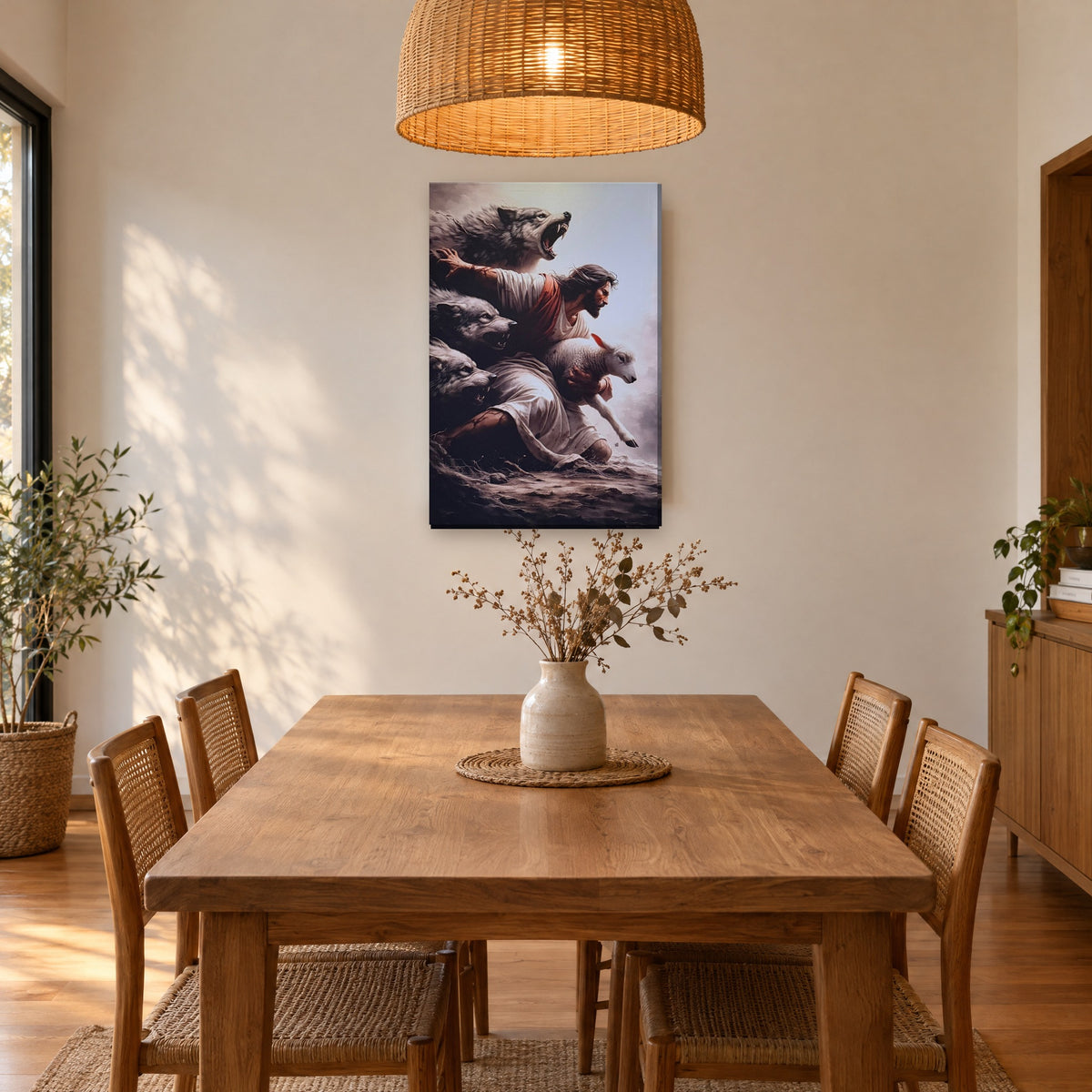 Jesús protegiendo a oveja de lobos - cuadro en comedor