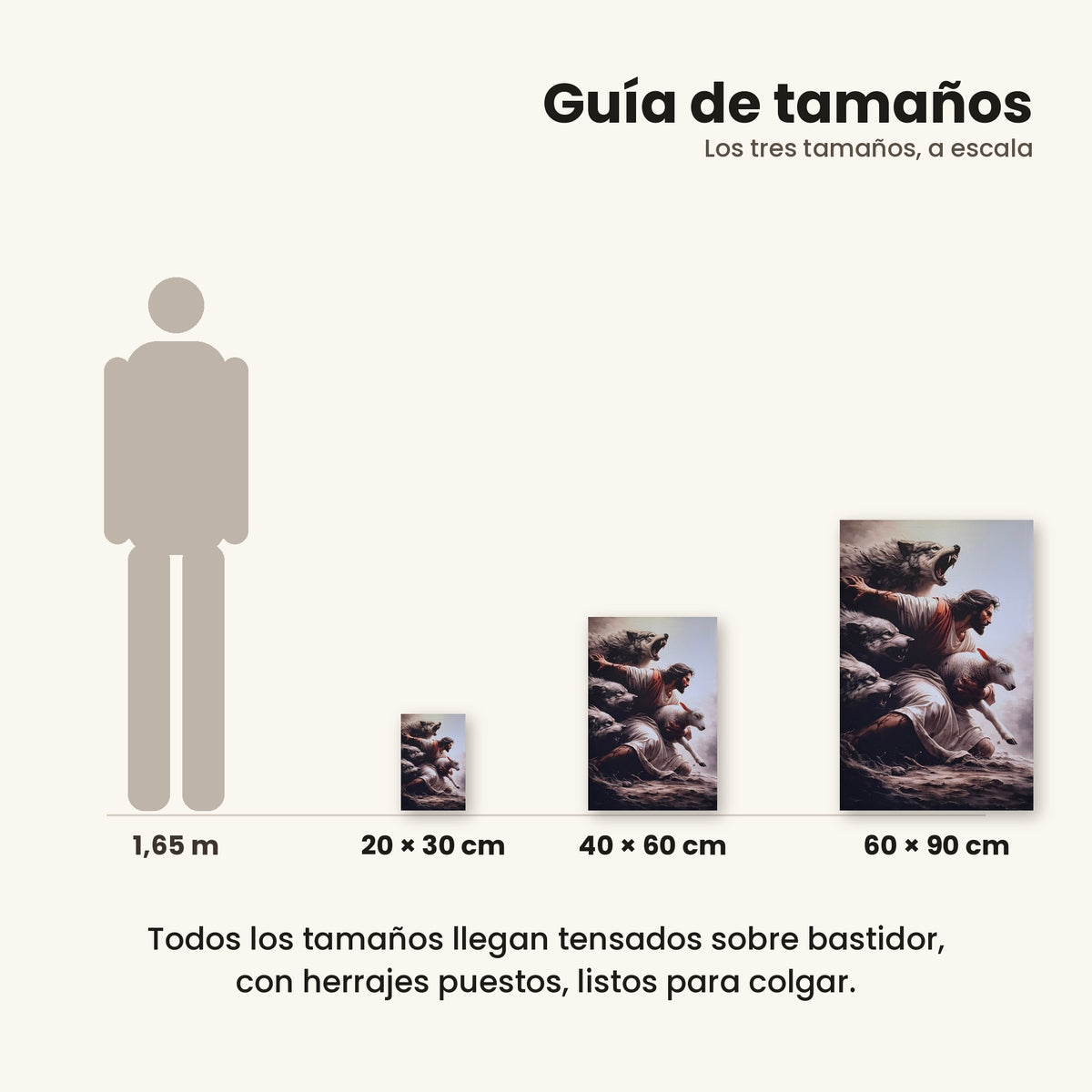 Jesús protegiendo a oveja de lobos - guía de tamaños 20x30, 40x60 y 60x90 cm