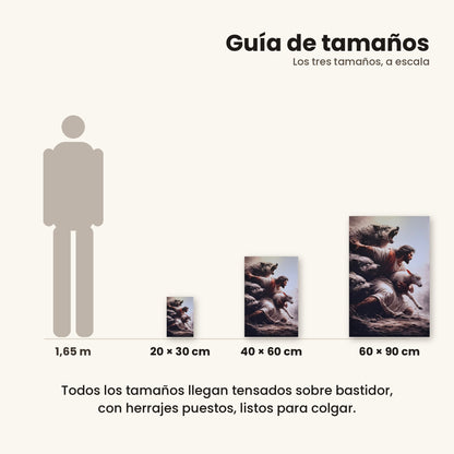 Jesús protegiendo a oveja de lobos - guía de tamaños 20x30, 40x60 y 60x90 cm
