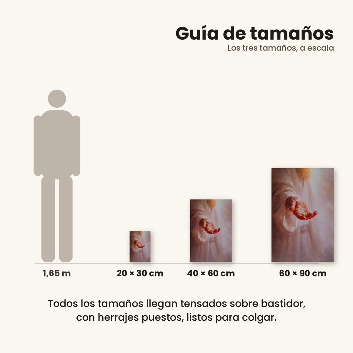 Mano de Jesús - guía de tamaños 20x30, 40x60 y 60x90 cm