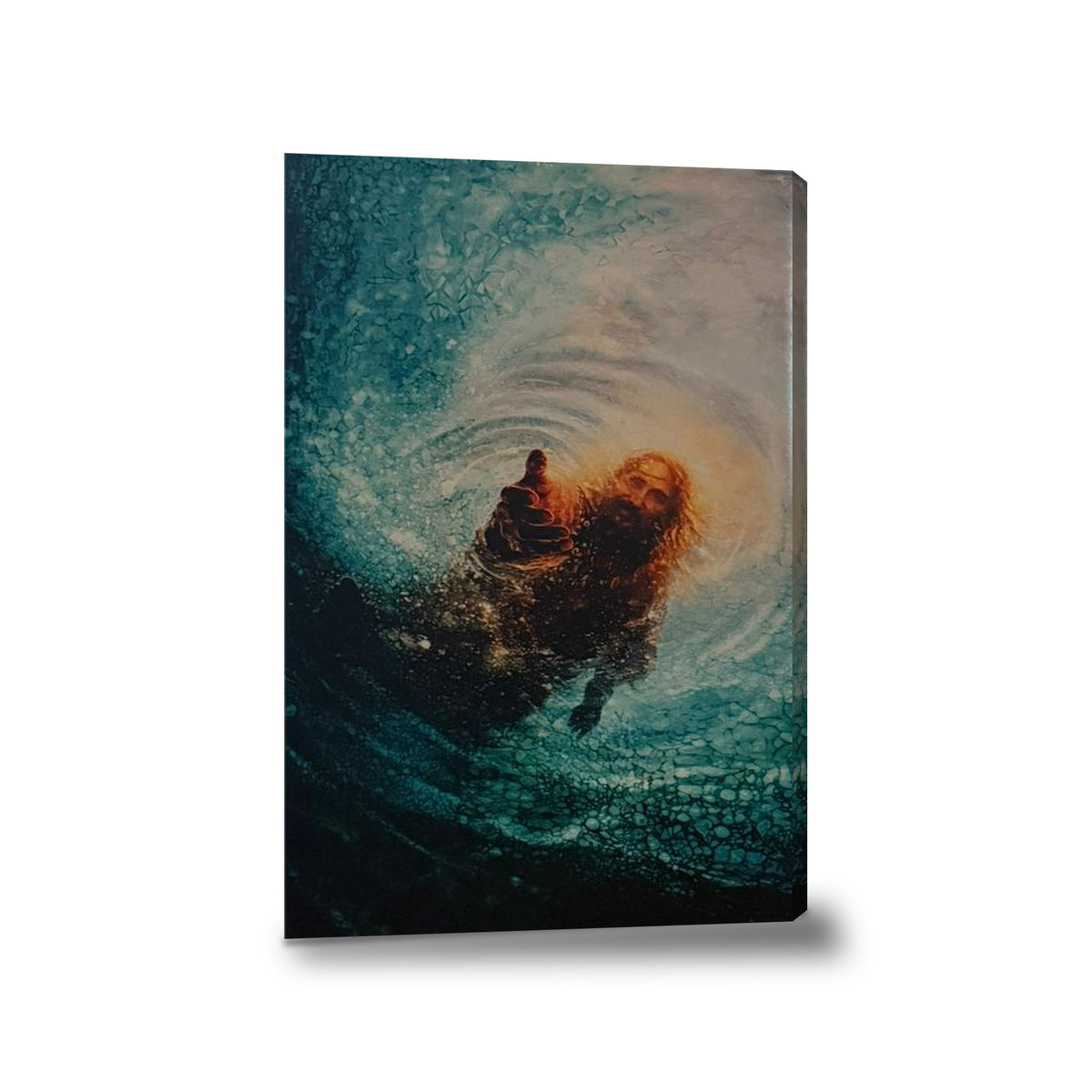 Mano de Jesús en agua - lienzo con bastidor, sin marco, fondo blanco