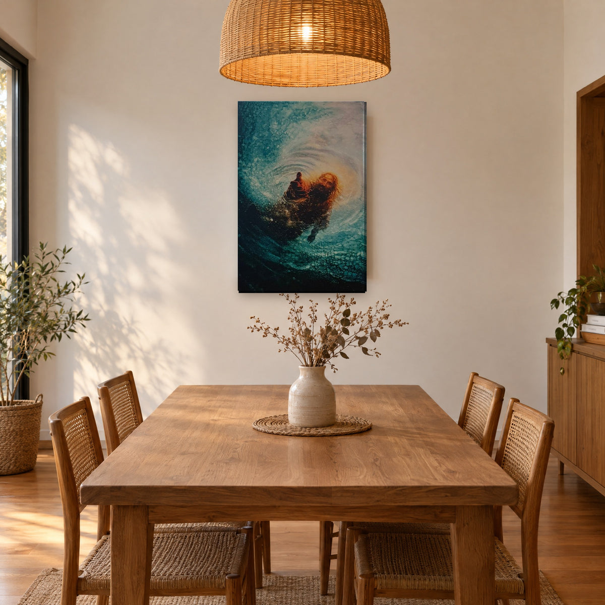 Mano de Jesús en agua - cuadro en comedor
