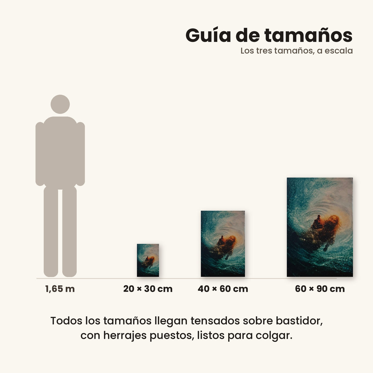 Mano de Jesús en agua - guía de tamaños 20x30, 40x60 y 60x90 cm