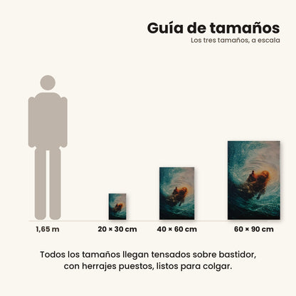 Mano de Jesús en agua - guía de tamaños 20x30, 40x60 y 60x90 cm