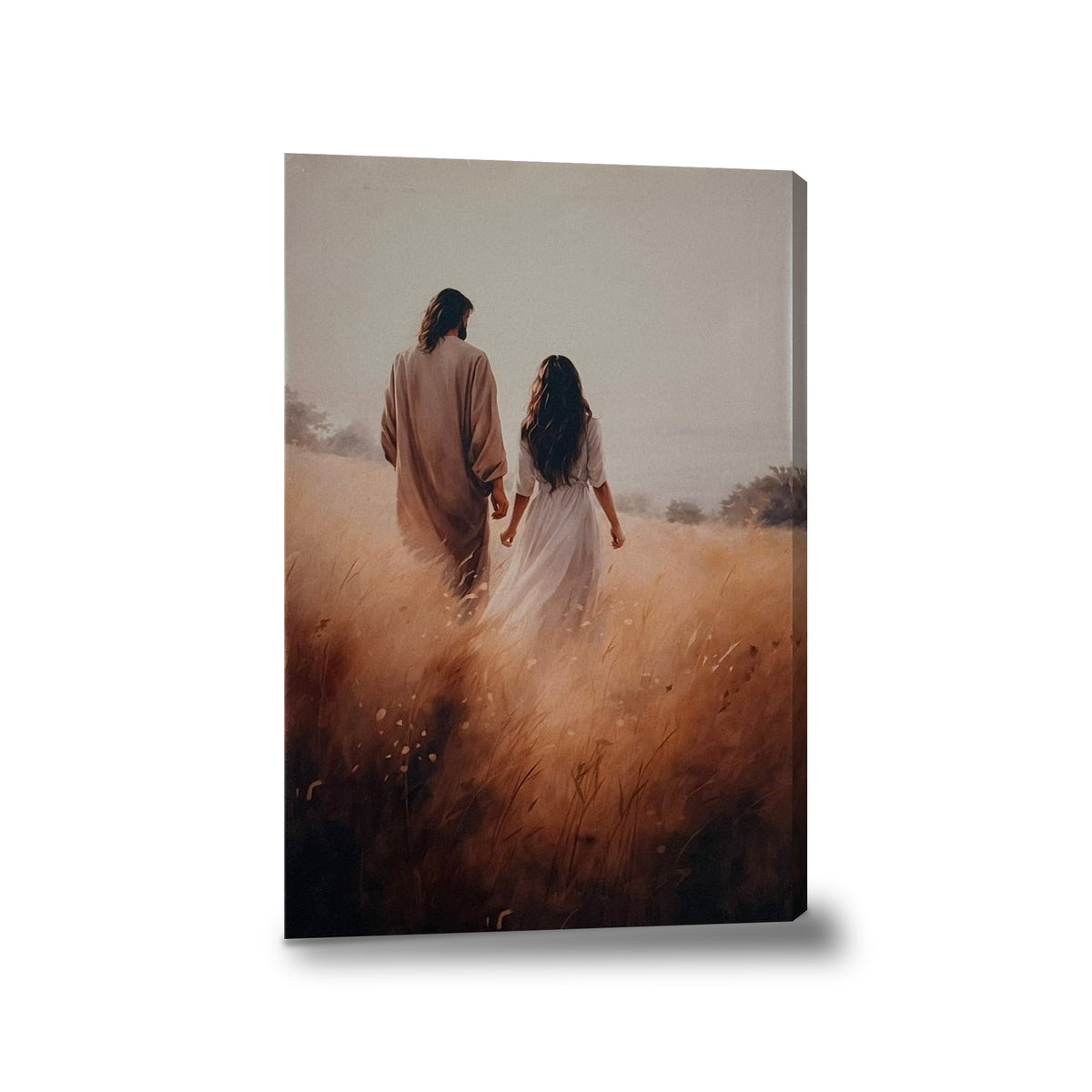 Jesús caminando con mujer - lienzo con bastidor, sin marco, fondo blanco