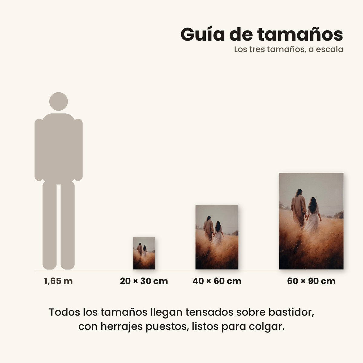 Jesús caminando con mujer - guía de tamaños 20x30, 40x60 y 60x90 cm