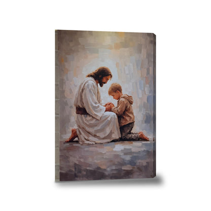 Jesús orando con niño - lienzo con bastidor, sin marco, fondo blanco