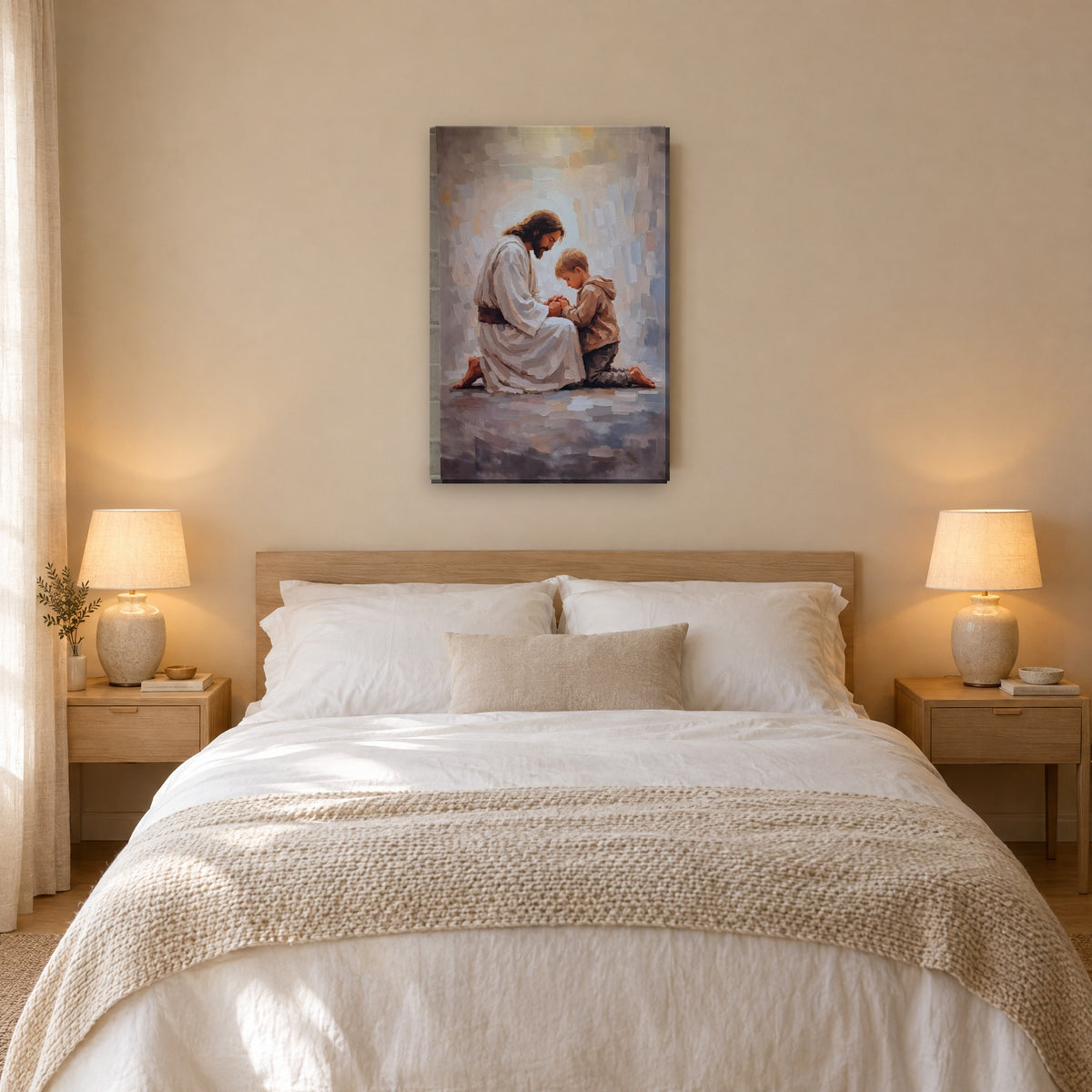 Jesús orando con niño - cuadro en dormitorio