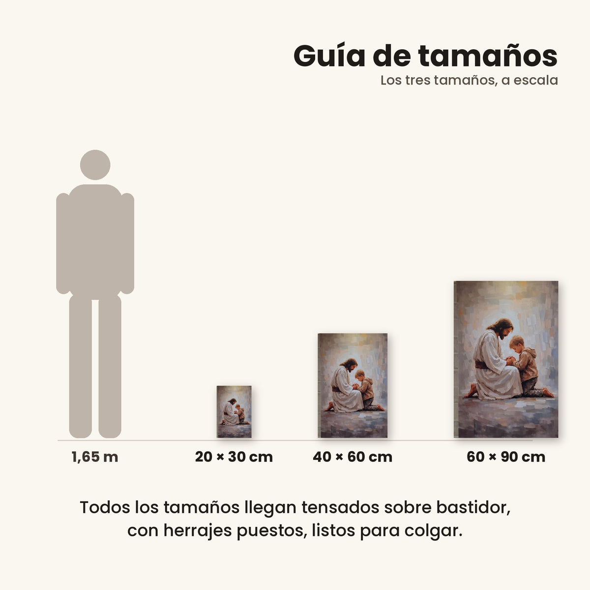 Jesús orando con niño - guía de tamaños 20x30, 40x60 y 60x90 cm