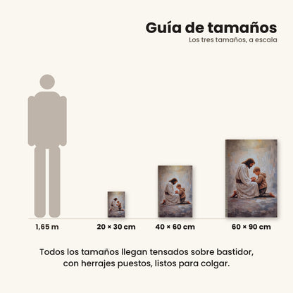 Jesús orando con niño - guía de tamaños 20x30, 40x60 y 60x90 cm